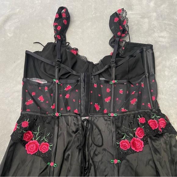 New! For Love & Lemons Roja Black Pink Rose Embroidered Slip Dress 10432 - Picture 8 of 9